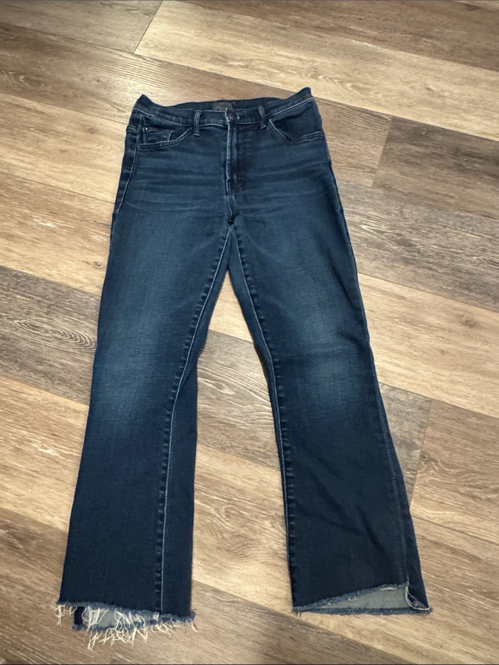MOTHER Dark Blue Cropped Straight-Leg Jeans with Frayed Hem